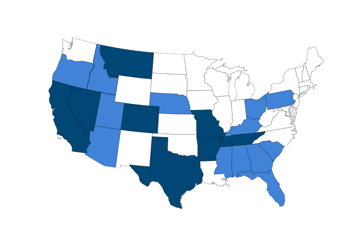 Map of states where Renew Medical Group holds contracts and areas of influence